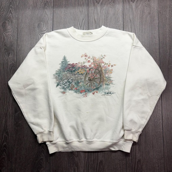 American Vintage Tops - Vintage Garden 1990s Sweatshirt White Medium Nature Arctic Animal Grandma Core